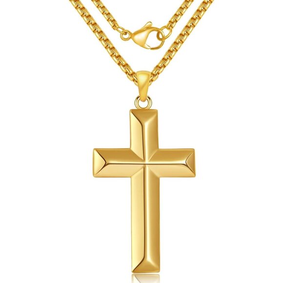 Men's 14K Gold Cross Classic Religious Necklace with Chain - Picture 1 of 7
